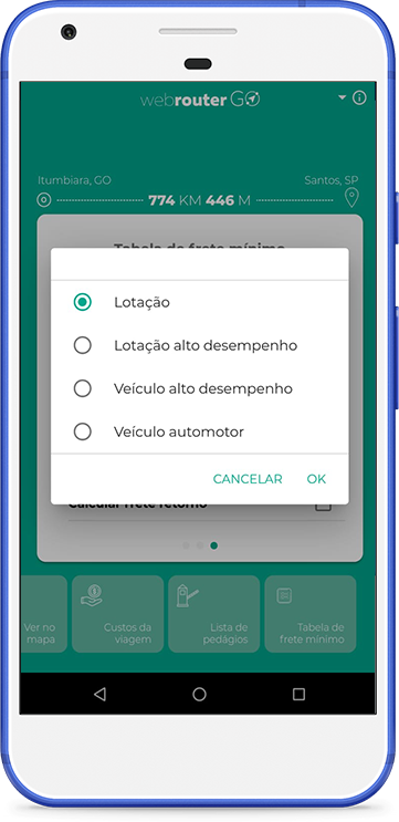 Tipos Tabela WebRouter GO tarifas de pedagio ailog tecnologia